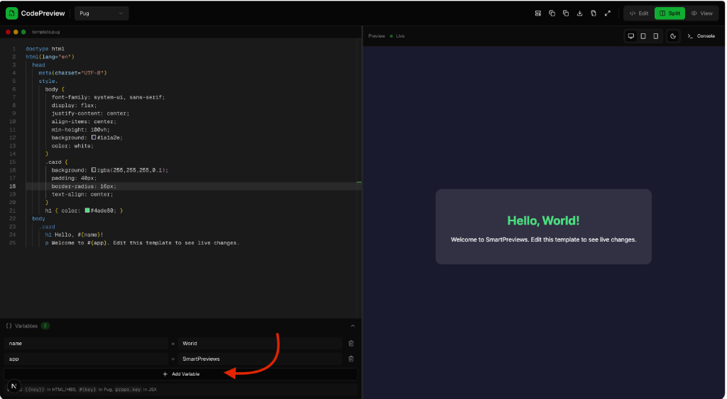 Variable panel configuration showing Name and App properties being modified